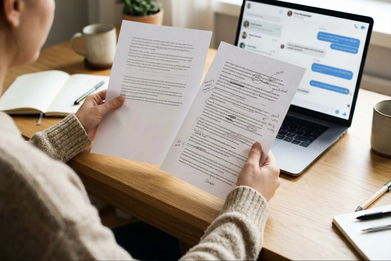 A person at a desk comparing two printed drafts beside a laptop showing a chat assistant