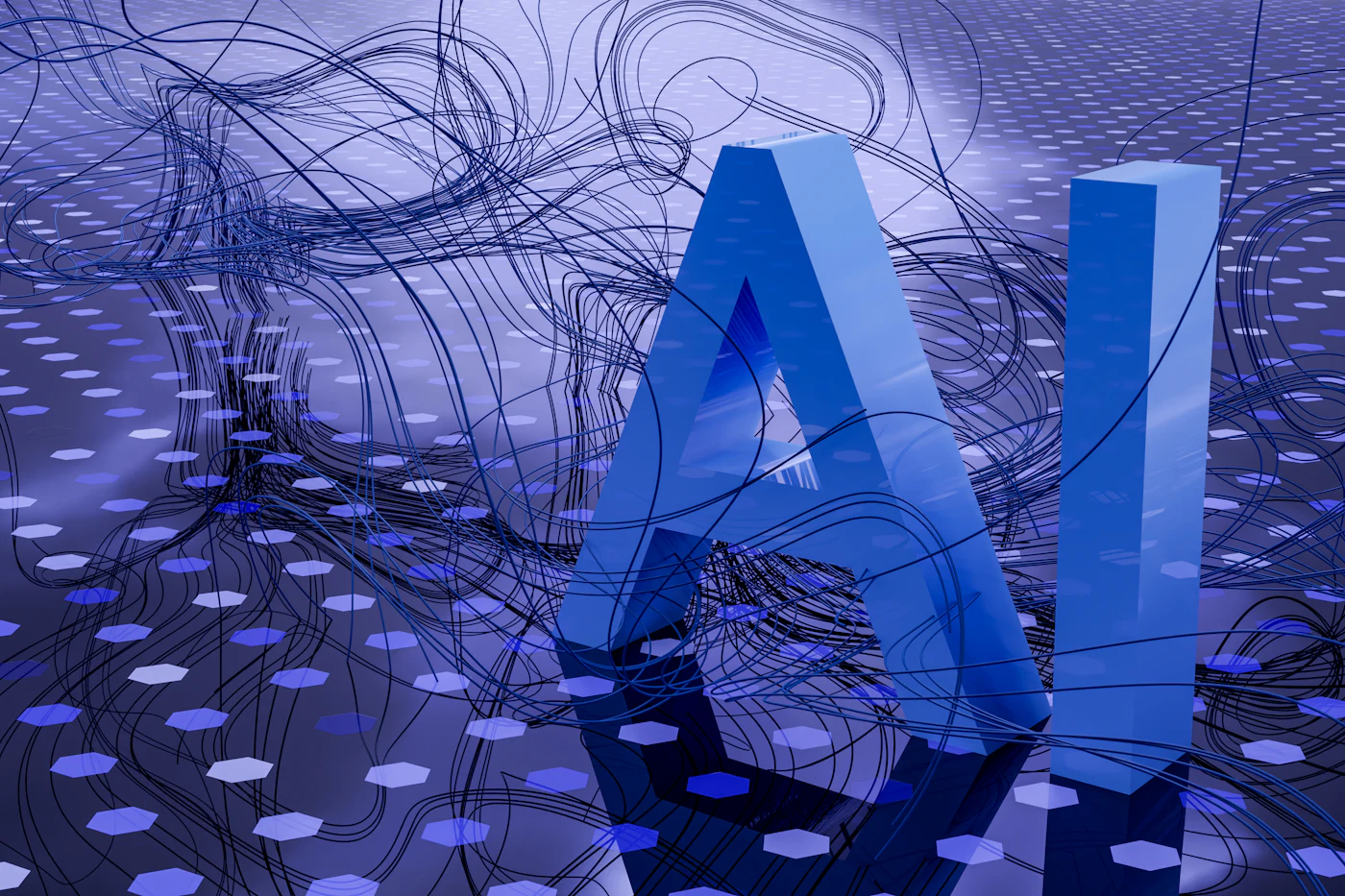 Three-dimensional blue AI lettering rising from a glowing digital grid