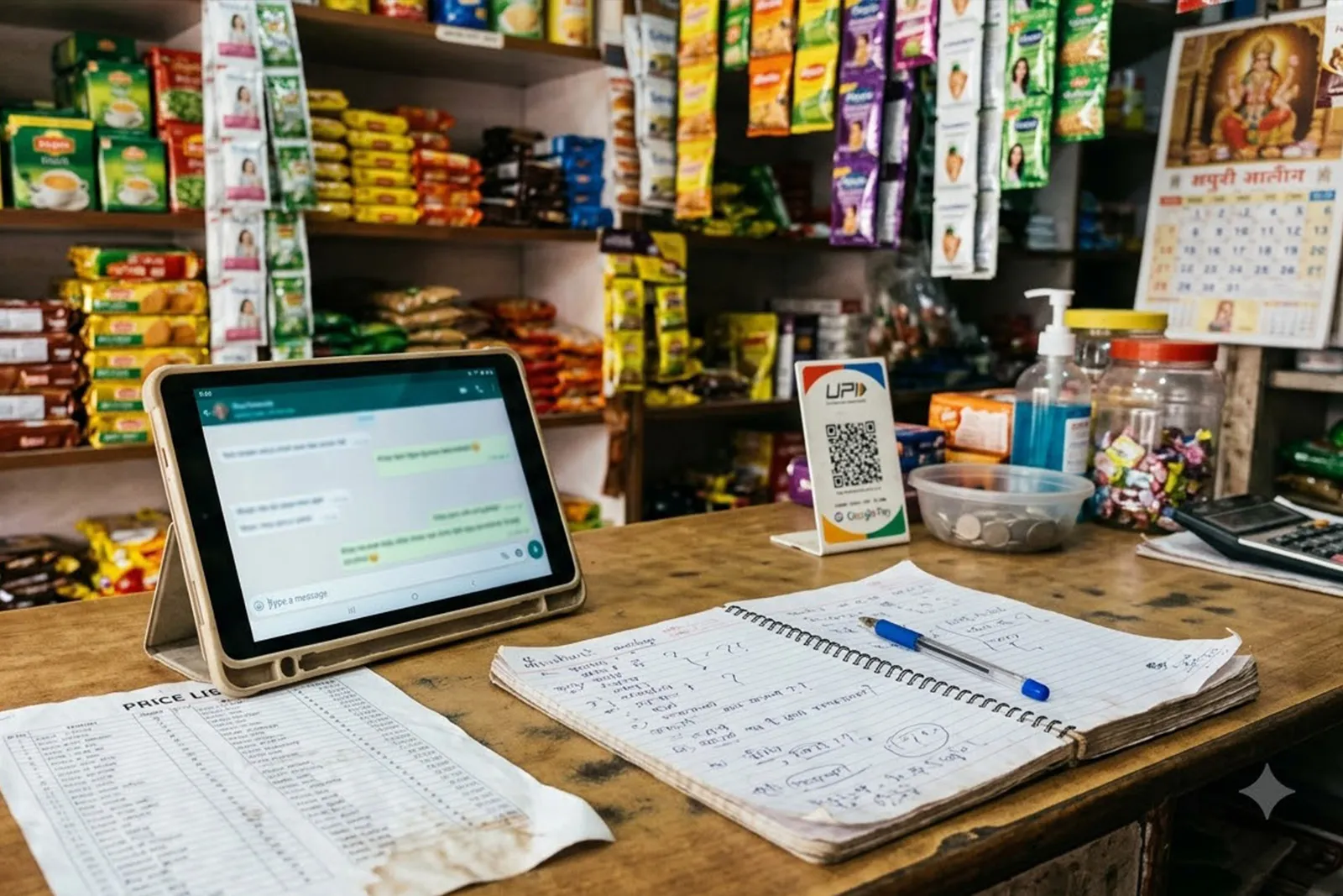 A small Indian grocery shop counter with a tablet showing a chat window, a printed price list, a notebook of customer questions and a QR payment stand