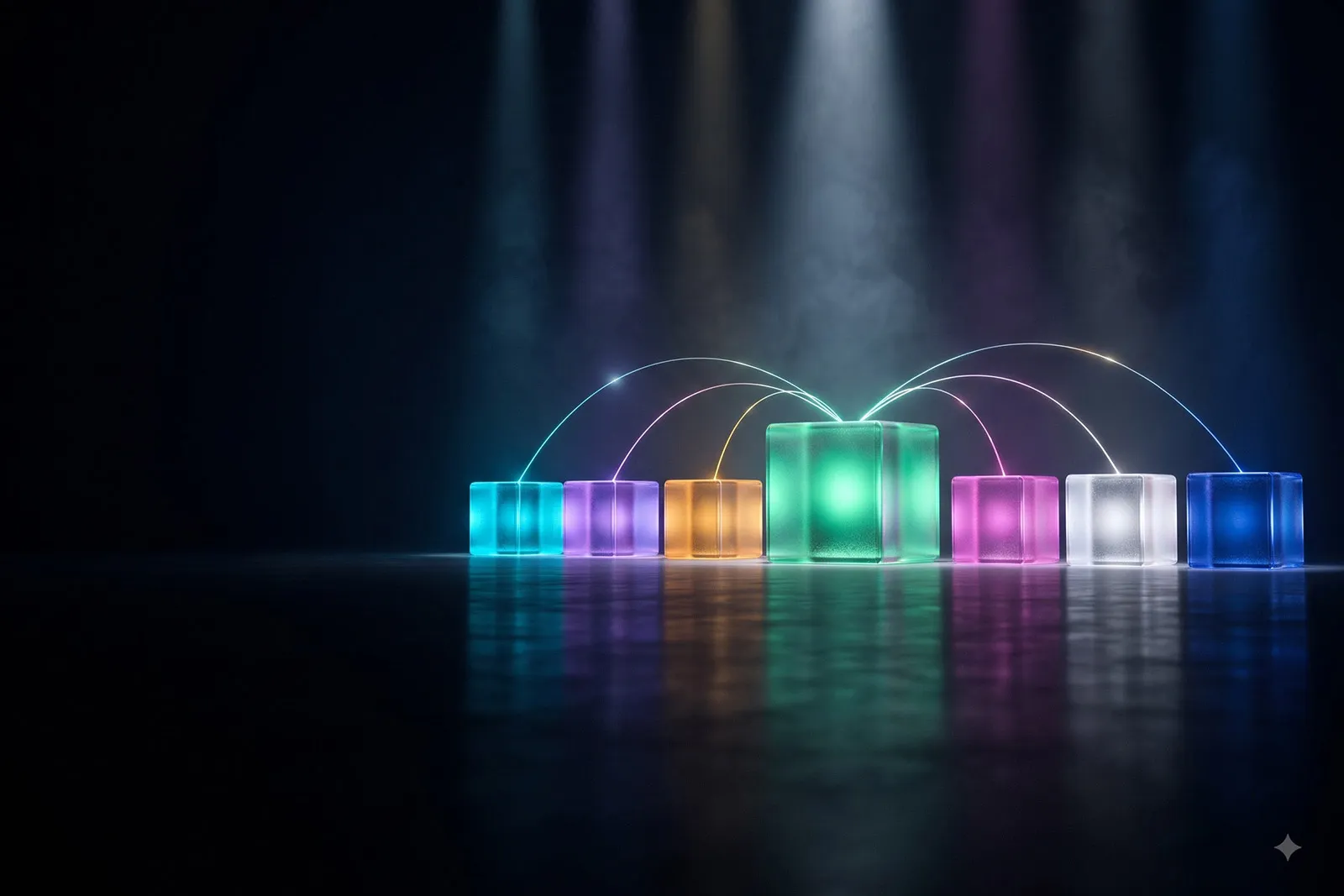 Seven glowing glass cubes in different colours lined up on a dark stage under spotlights, the centre cube shining brightest, joined by thin trails of light
