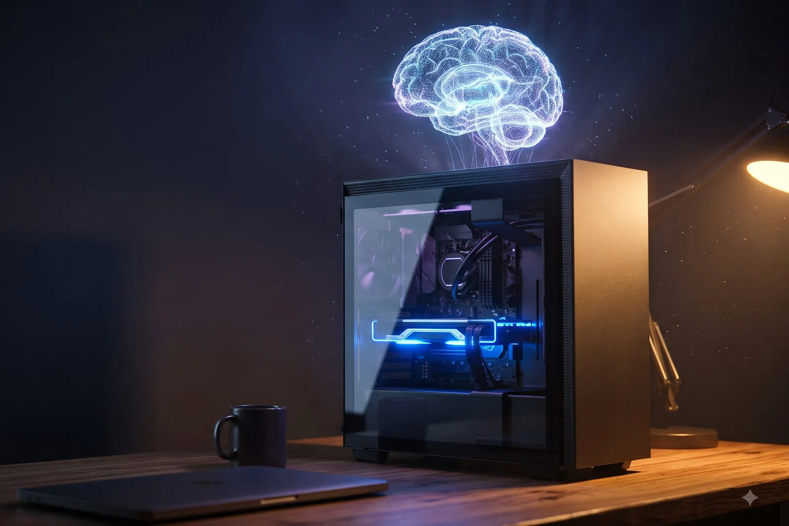 A home PC with a glass side panel on a wooden desk at night, its graphics card glowing blue as a holographic brain made of light rises above it