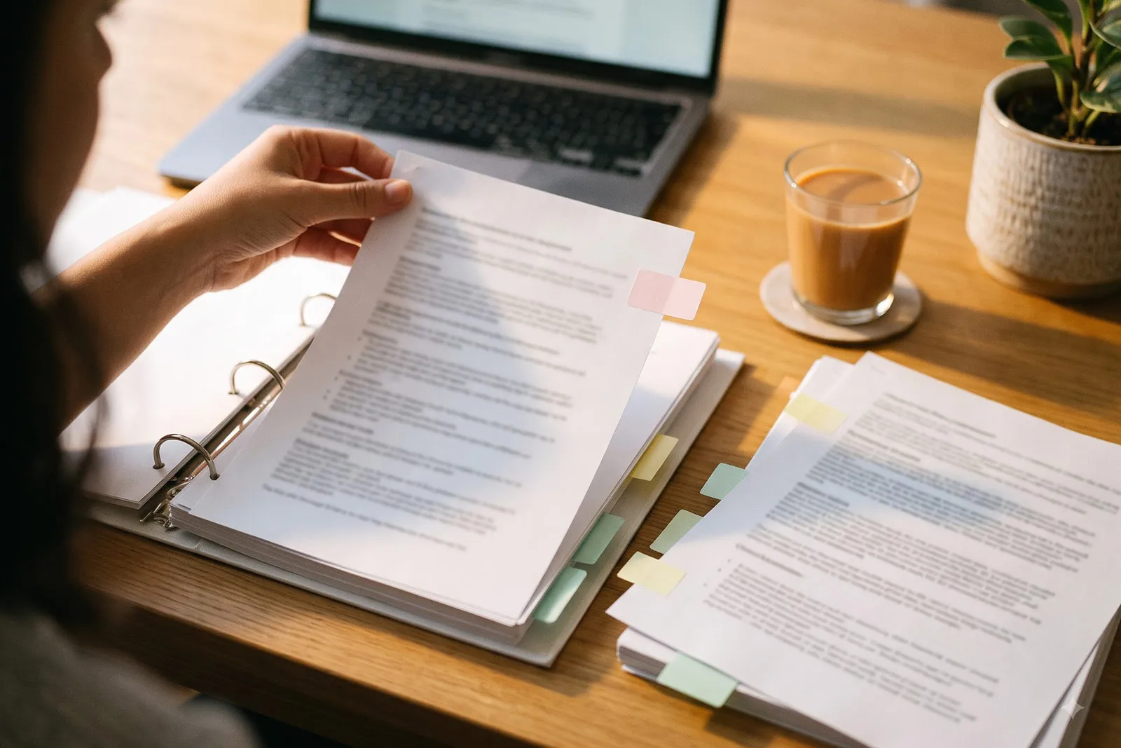 A hand lifting a tabbed page from an open ring binder on a wooden desk, beside a stack of printed documents, a cup of chai and a laptop out of focus