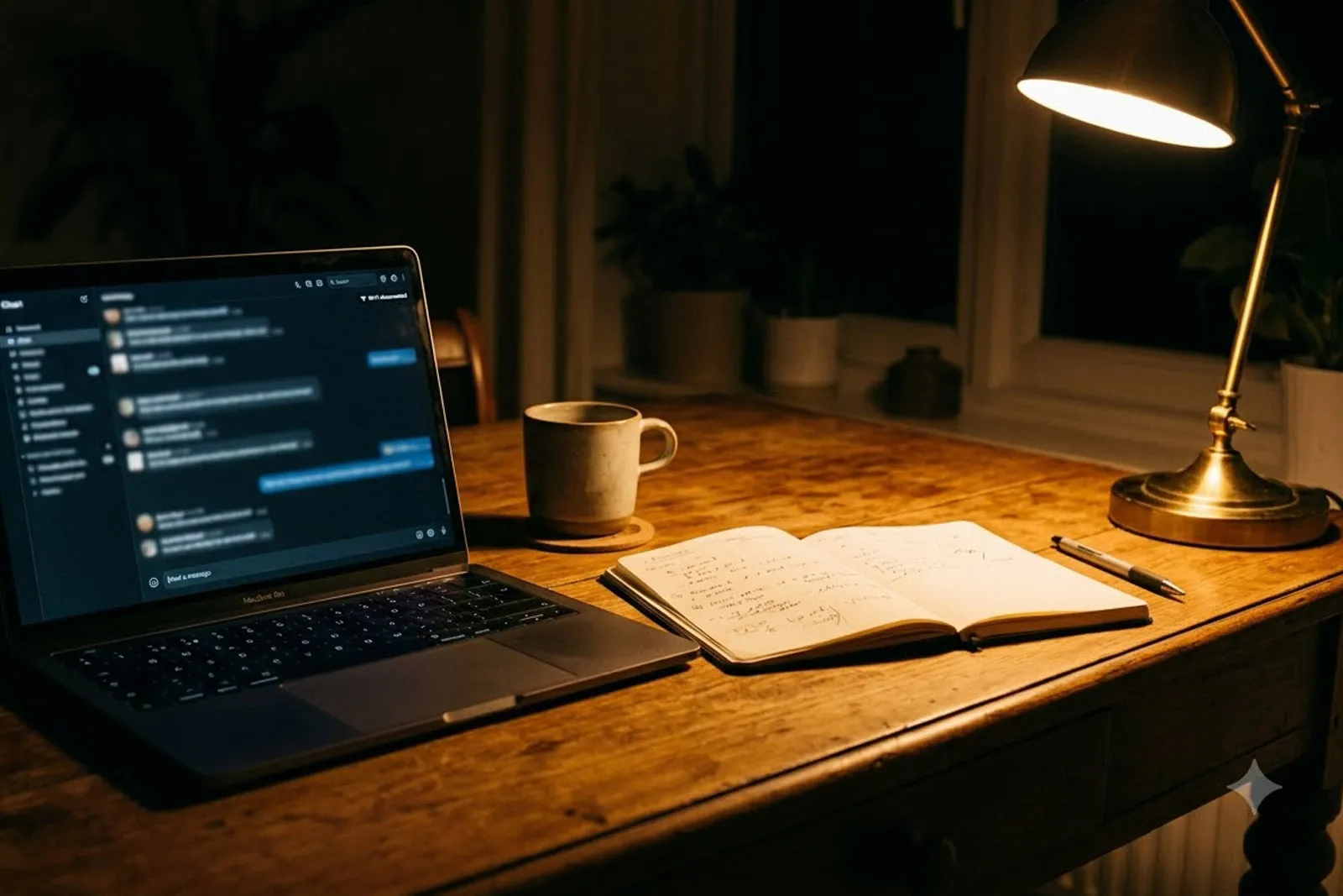 A laptop showing a chat window on a wooden desk at night, beside an open notebook, a mug and a lit desk lamp