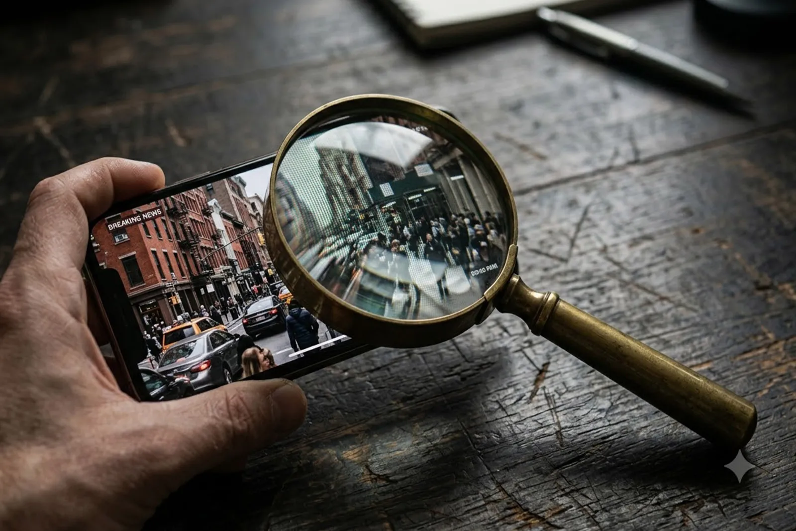 A smartphone held in one hand showing a news photo, with a magnifying glass resting over part of the screen on a desk