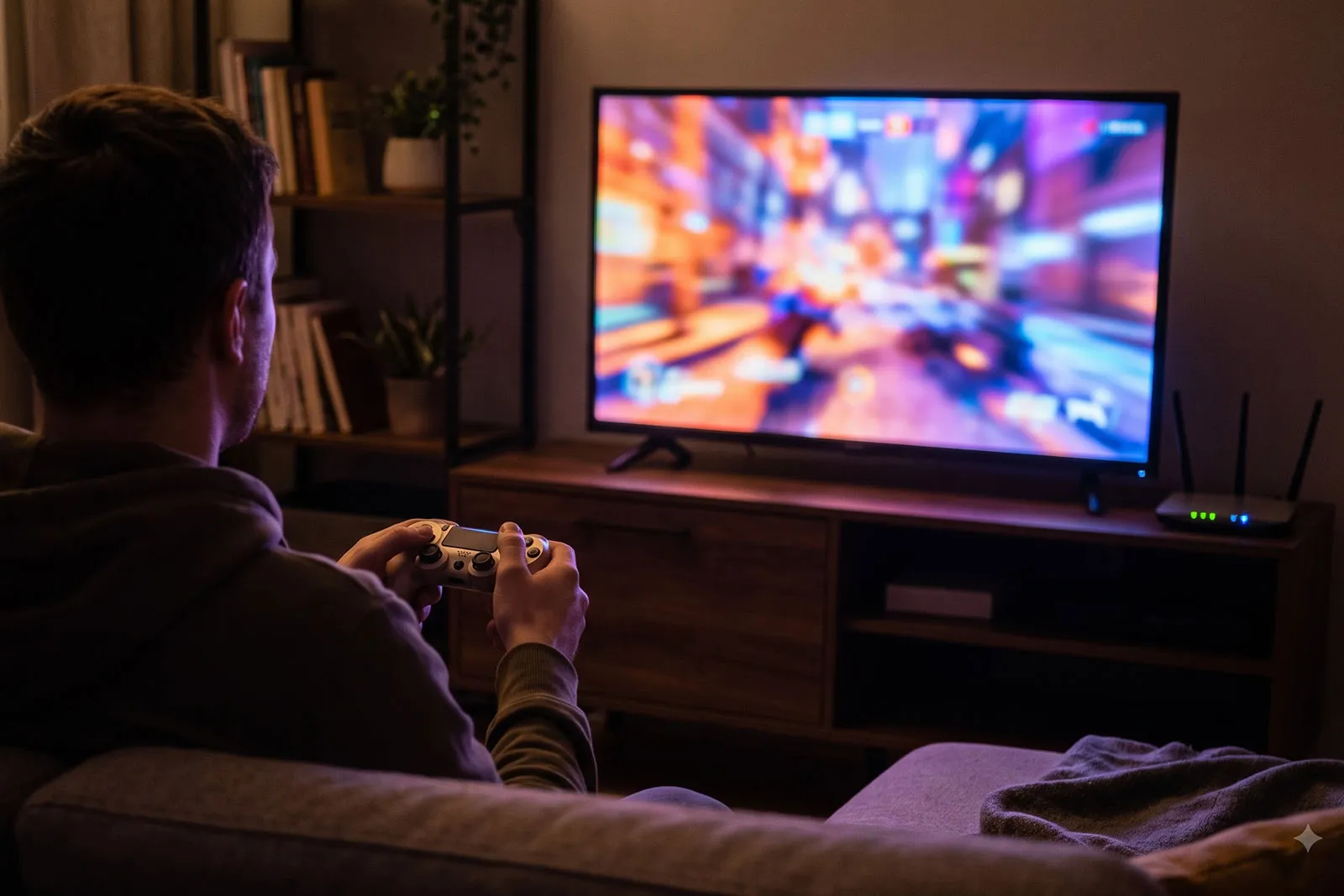 A person holding a wireless game controller in front of a television showing a blurred game, with a Wi-Fi router on the shelf beside it