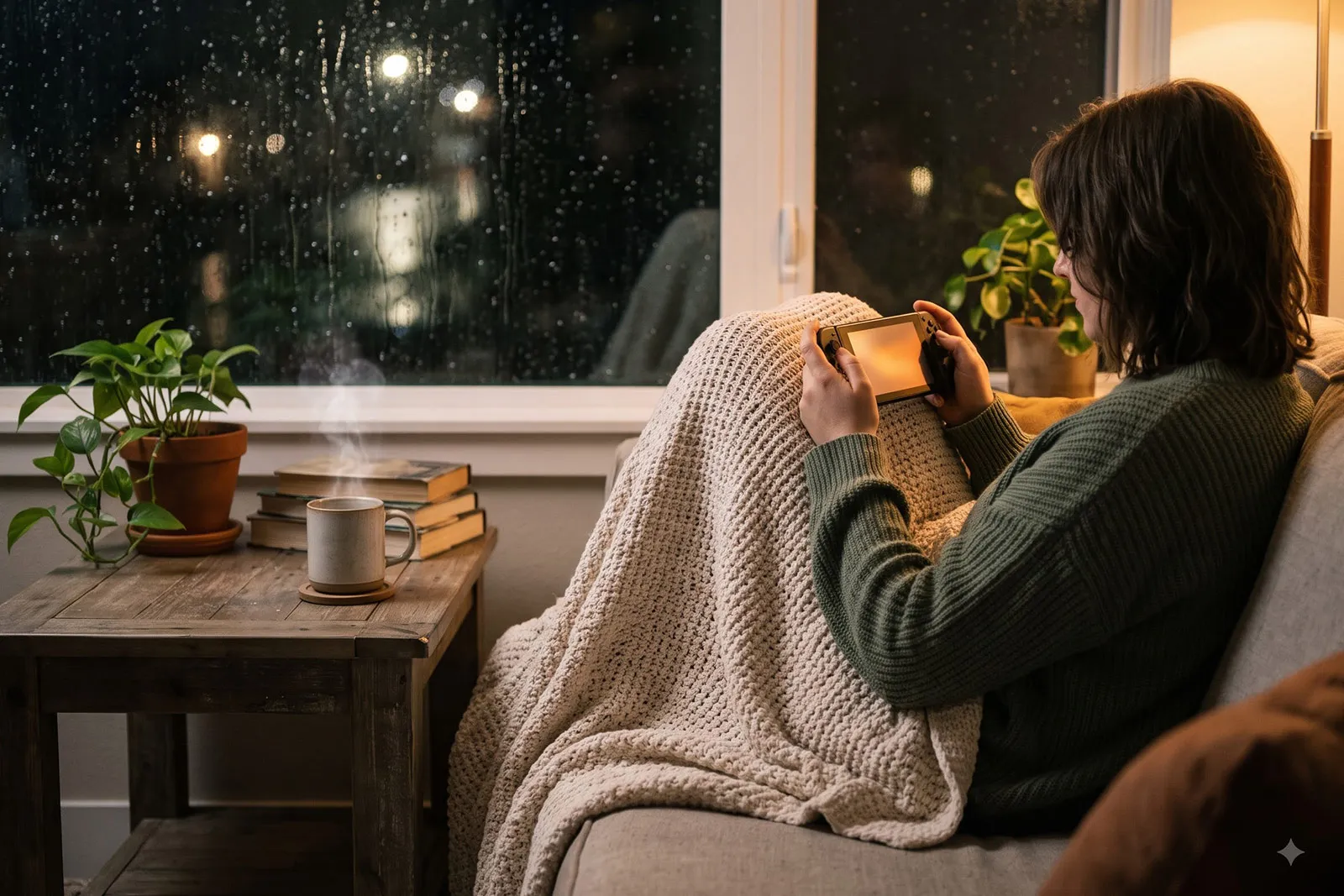 A person curled up on a sofa under a knitted throw playing a handheld game in warm lamplight, beside a mug of tea, a small plant and a stack of books, with rain on the window behind