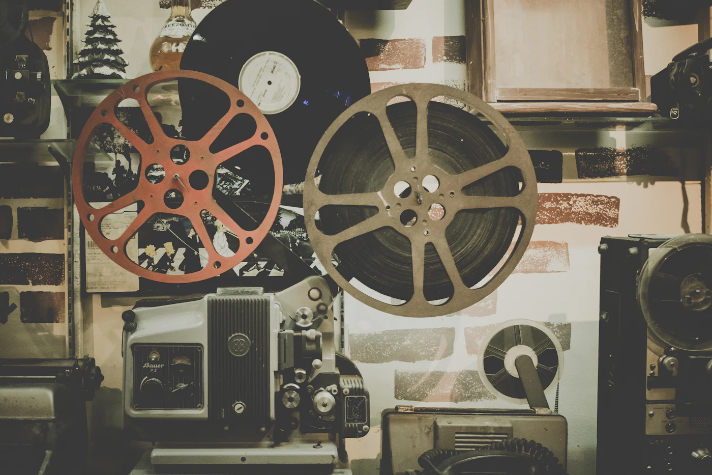 Vintage film reels and projection equipment on display