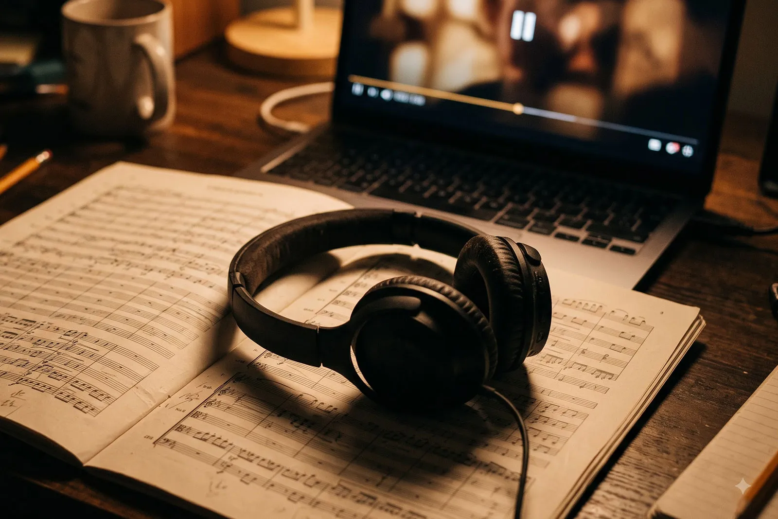 Over-ear headphones resting on a printed orchestral score beside a laptop showing a paused film frame