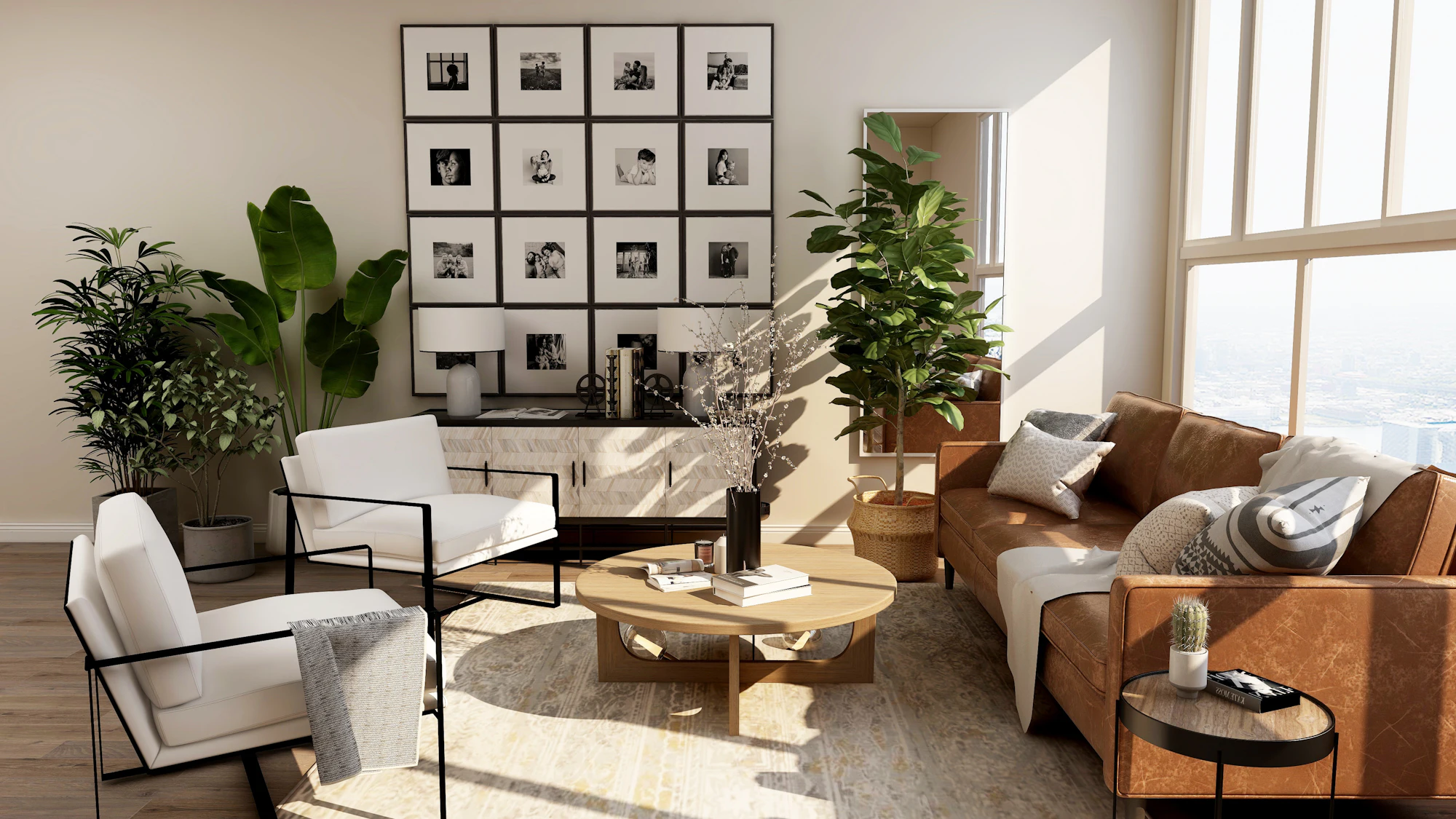 A bright, styled living room with a leather sofa, plants and a gallery wall