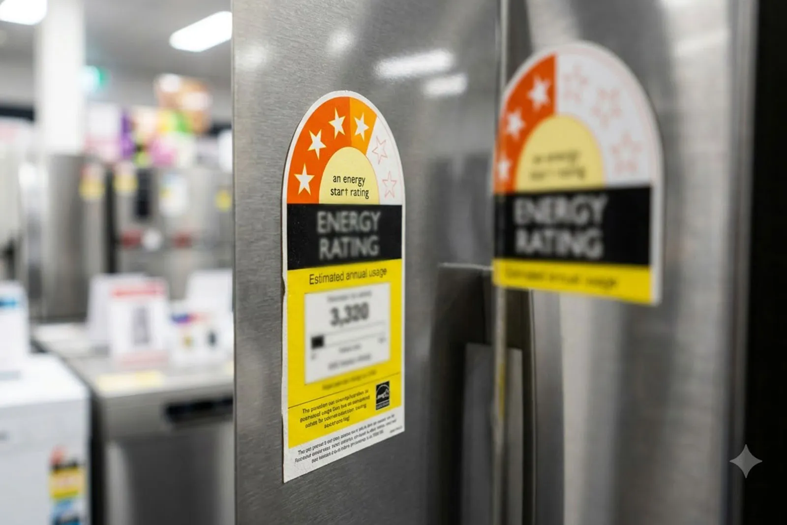 Close-up of a BEE star label on the door of a refrigerator in an Indian appliance showroom, showing stars and annual energy consumption
