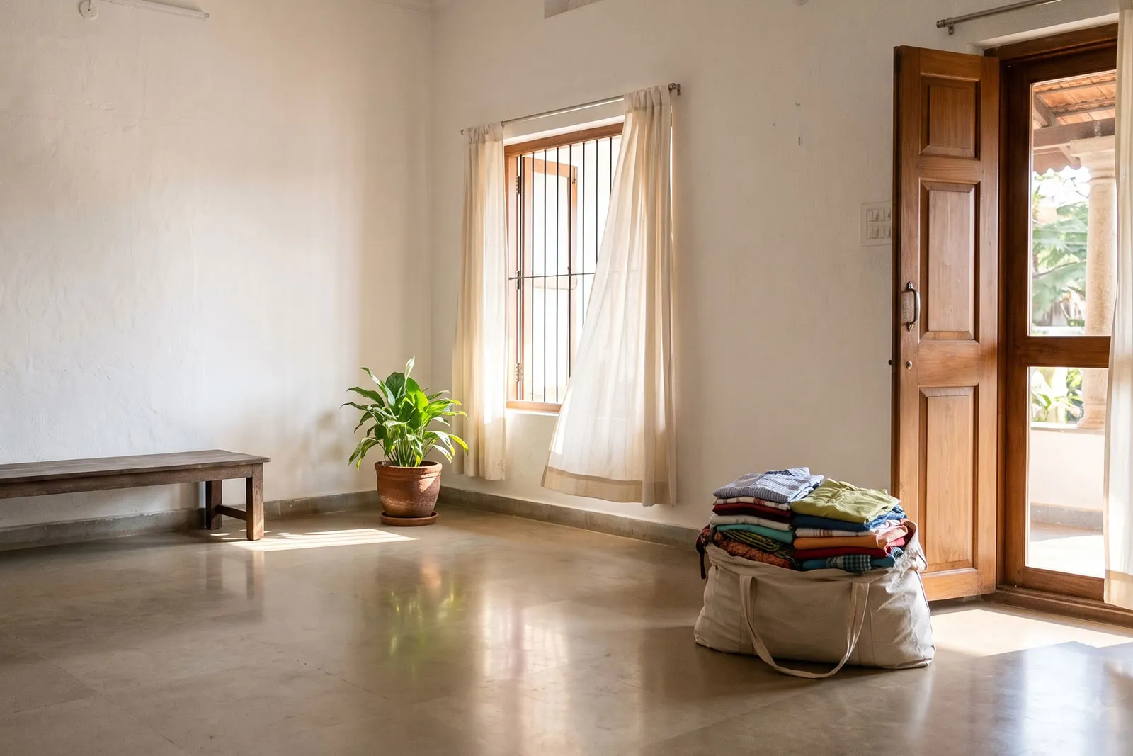 A calm, sunlit Indian living room with a low wooden bench, one potted plant and a cloth bag of folded clothes by the door ready for donation