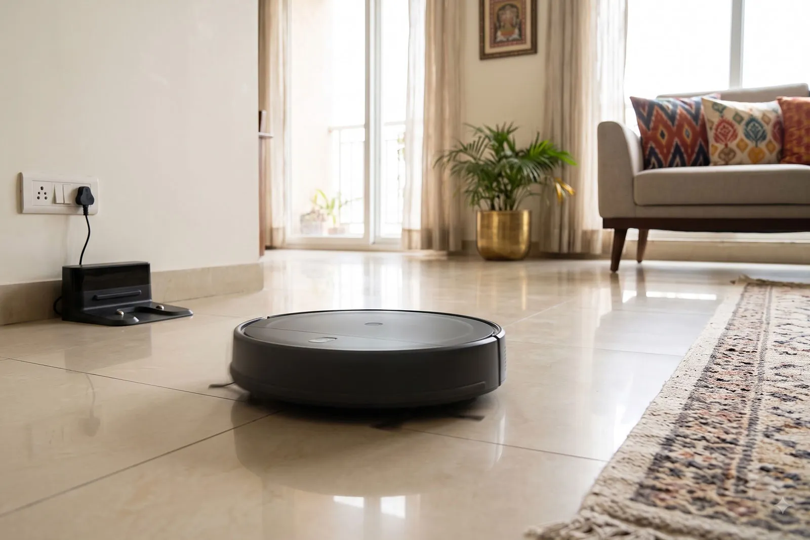 A round robot vacuum moving across a clear tiled floor in an Indian living room, with its charging dock against the wall