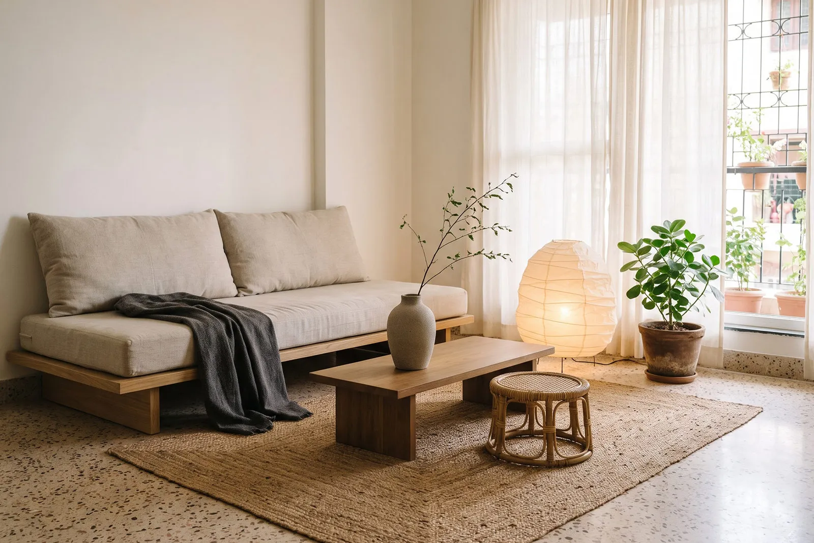 A compact living room with a low light-oak sofa, linen cushions, a low wooden table holding a single branch in a stoneware vase, a cane stool and a jute rug in soft afternoon light