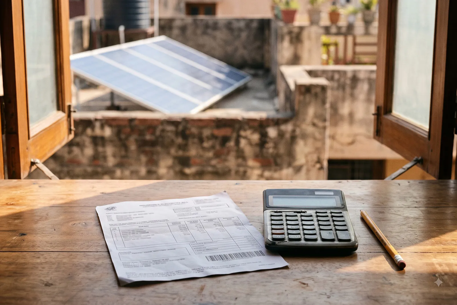 An electricity bill, a calculator and a pencil on a sunlit wooden table, with a rooftop solar panel visible through the open window behind