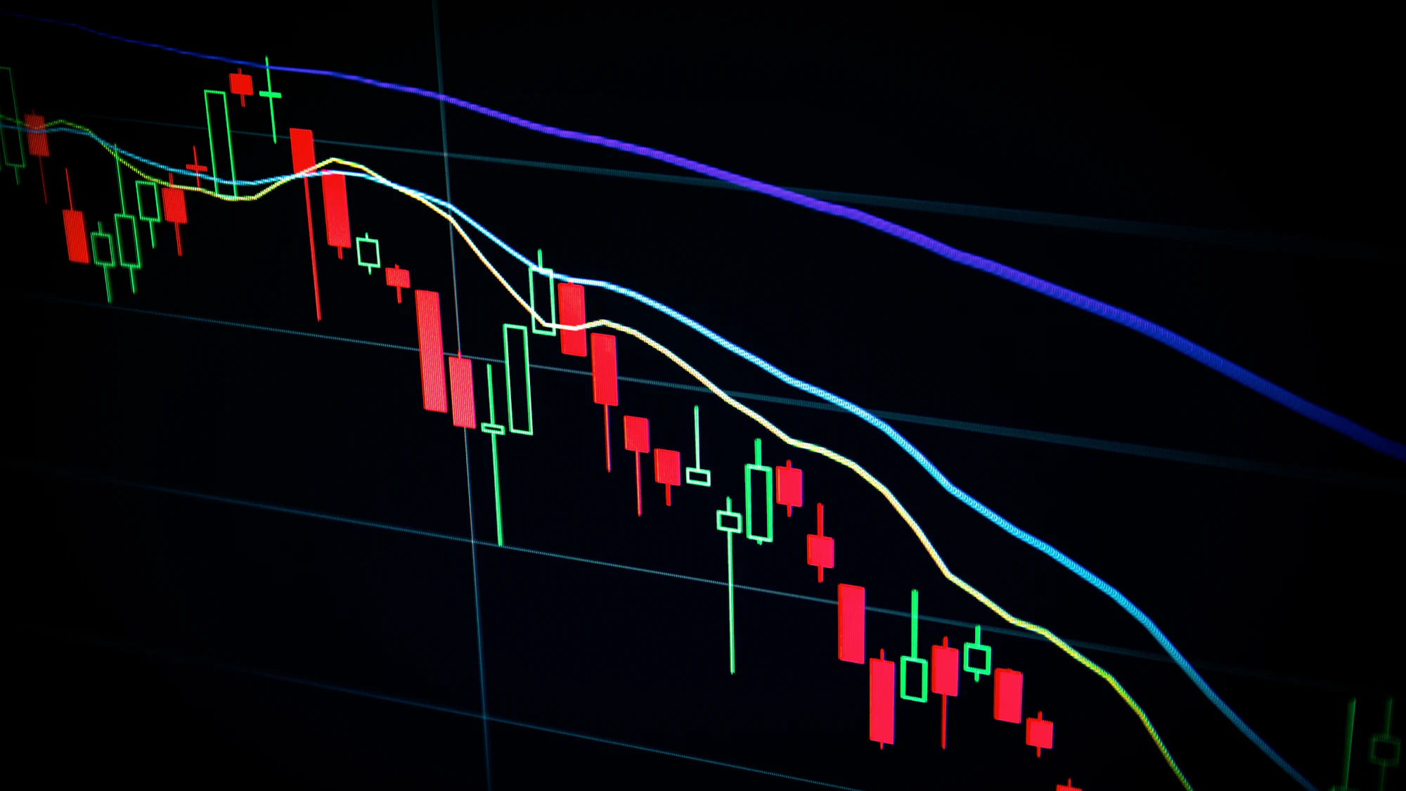 A candlestick trading chart with moving-average lines on a dark screen