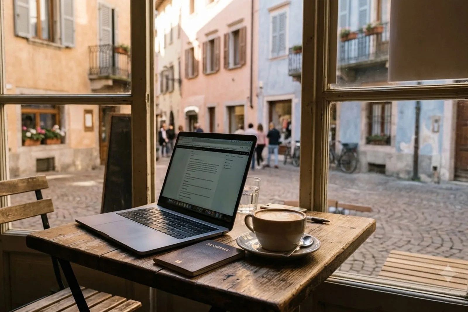 A laptop, passport and coffee cup on a café table beside a window overlooking an old European street