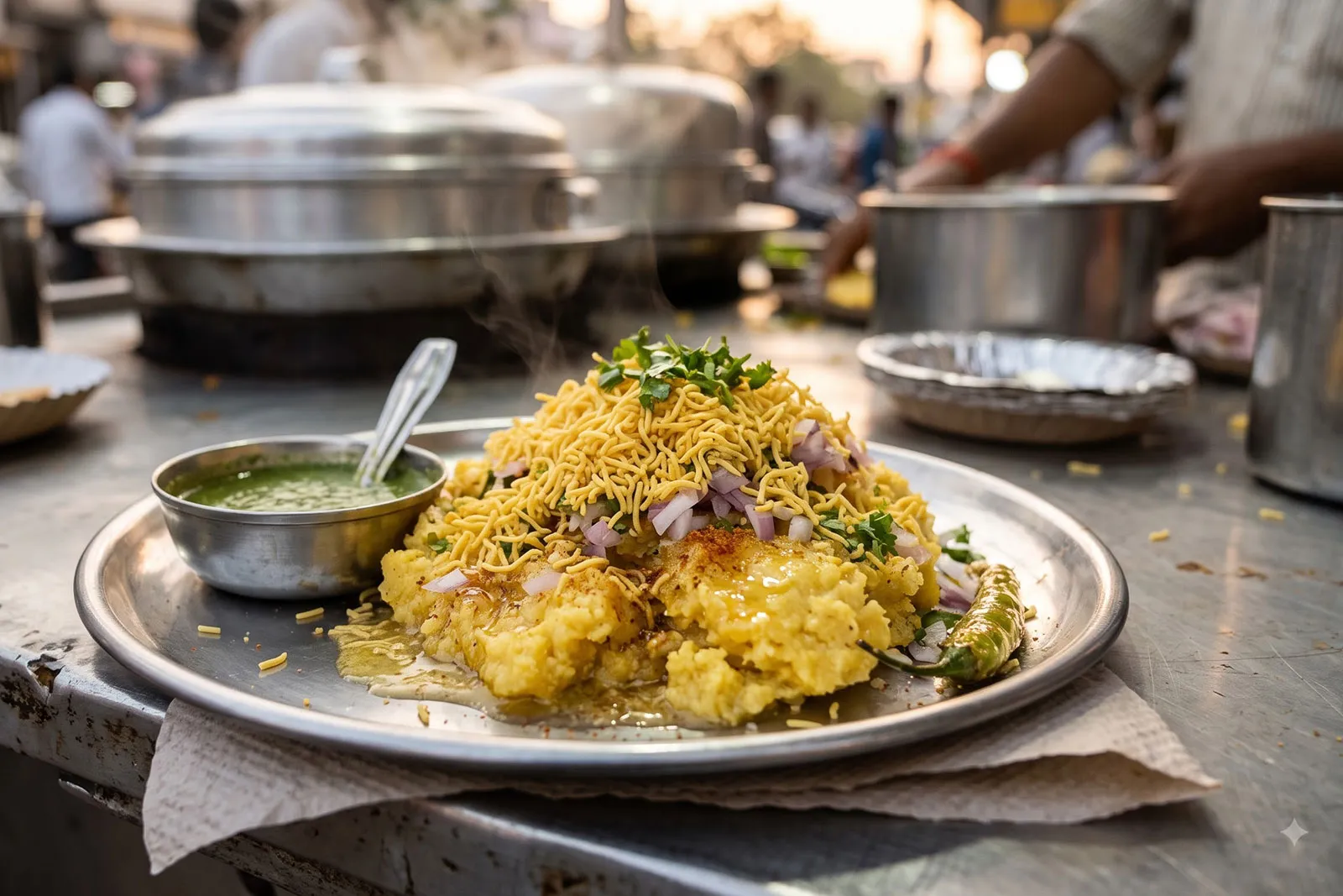 A plate of Surti locho topped with sev, chopped onion and coriander, with green chutney on the side