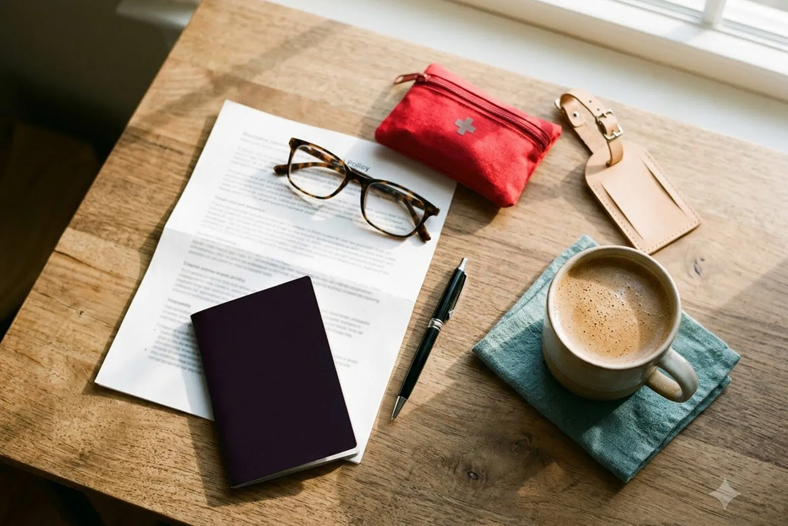 A passport, a folded printed policy document, reading glasses and a pen on a wooden desk by a window, beside a small red first-aid pouch, a leather luggage tag and a cup of coffee on a teal napkin