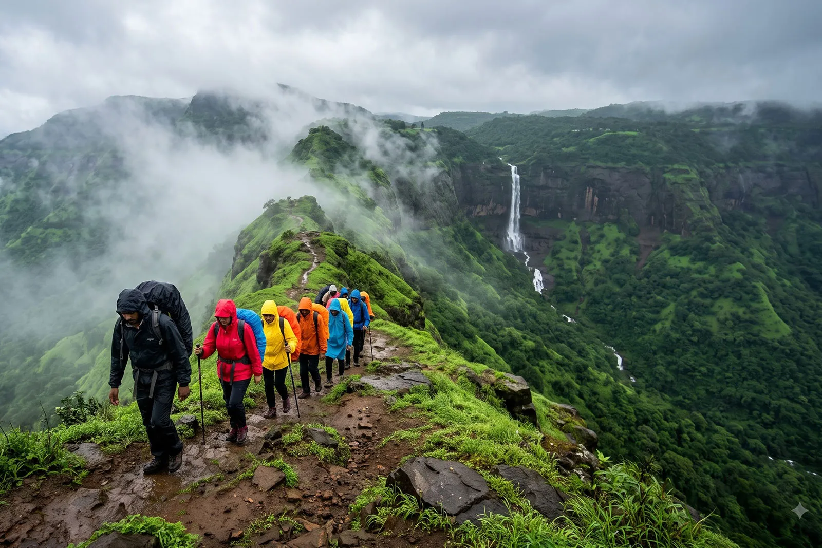 A small group of trekkers in rain jackets walking single file along a ridge path above green, cloud-covered Sahyadri hills, with a guide at the front